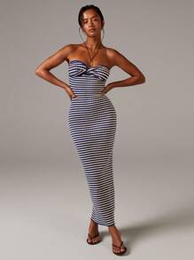 Athîral 女士条纹扭纹设计修身针织筒裙，节日风格，四季，Y2K 风格连衣裙