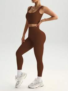 SHEIN Sports Seamless Ribbed Knit Sports Set Workout Women Set Gym Women Outfit - Coffee Brown - View 5