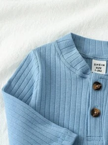 SHEIN Vintaside Kids 2件套新生儿男宝宝休闲简约立领长袖连体衣和抽绳装饰裤套装，适合春秋季日常穿着，可外穿/内搭，四季皆宜，秋冬季百搭，尺码1个月至2岁，男女宝宝连体衣和裤子套装，男宝宝蓝色罗纹套装，男宝宝蓝色套装，男宝宝罗纹套装，男宝宝两件套，男宝宝背带裤，男宝宝新生儿服装，新生儿男女宝宝服装，婴儿套装，中性秋季婴儿服装 - 藍色 - 查看 5