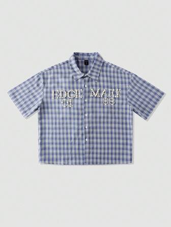 Street Life Chemise décontractée à manches courtes pour hommes, coupe ample, avec imprimé à carreaux, lettrage et décoration de fausses perles