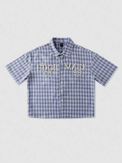 Prep Camicia casual da uomo con vestibilità comoda, a quadri, con decorazioni di lettere e perle artificiali, a maniche corte