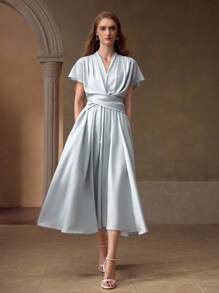 MOTF PREMIUM VESTIDO CON CINTURA ENVUELTA, PLIEGUES Y DOBLADILLO ACAMPANADO - Verde Pastel - Ver 6