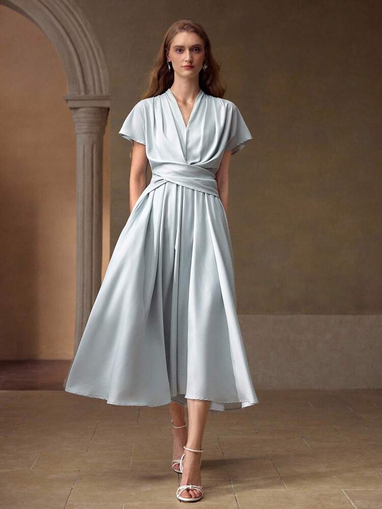 SOLID WRAP WAIST PLEATED FLARE HEM DRESS
