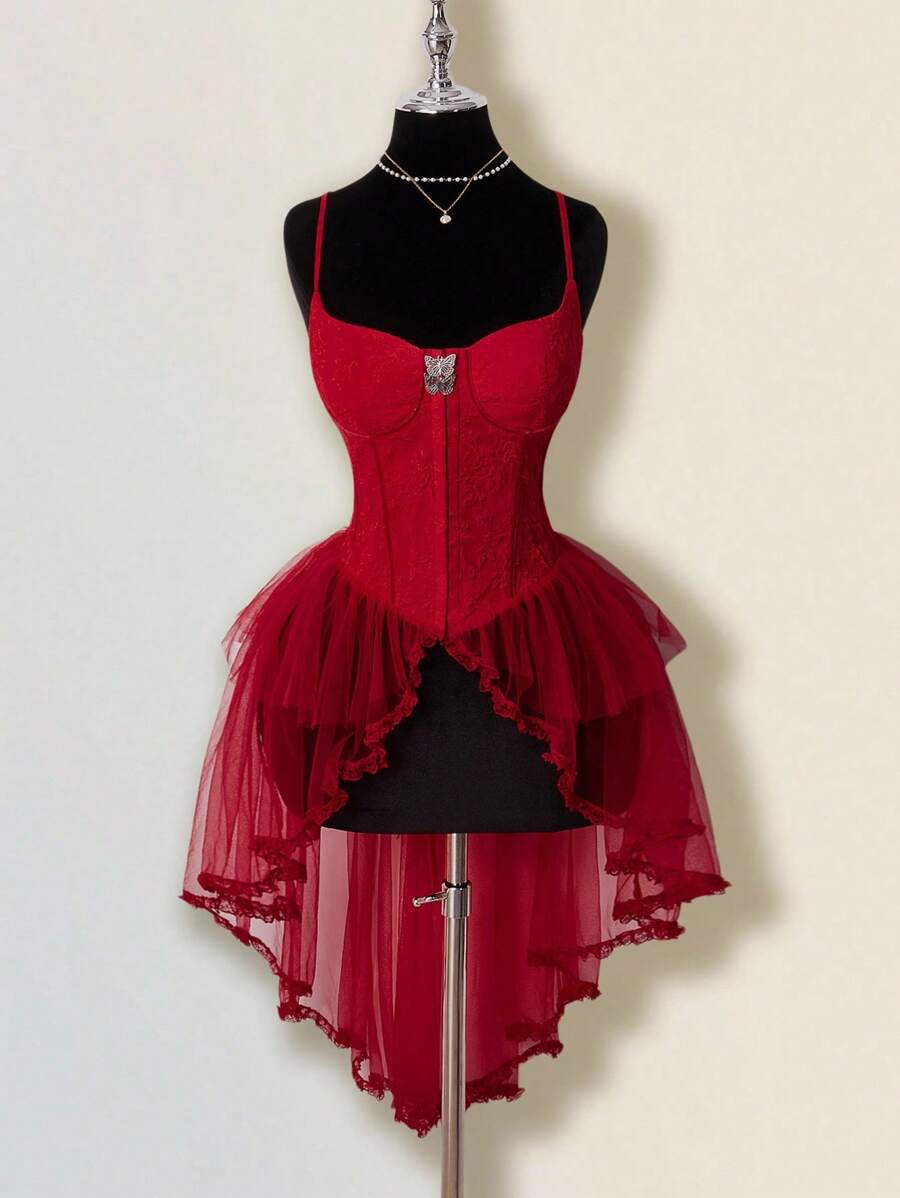 SHEIN ICON Áo hai dây Jacquard dành cho nữ, kiểu dáng gợi cảm, phù hợp cho các bữa tiệc và tụ họp, áo corset đỏ, áo voan đỏ, áo corset vạt trước ngắn vạt sau, trang phục dự tiệc mùa thu cho nữ, trang phục dự đám cưới, khách mời. - Đỏ - Xem 1