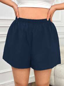 Comfortcana 3pcs/Set Plus Size Summer Casual Solid Color Shorts - Navy Blue - View 5