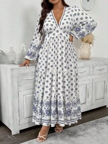 Elenzga Plus Size Women's Spring/Autumn Bohemian Floral Shirred A-Line Long Sleeve Maxi Dress, Elegant Casual Wear For Commute, Holiday, Afternoon Tea, Party - Multicolor - View 5