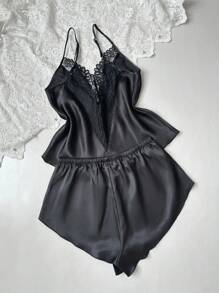SilkySpell 2pcs Women Sexy Deep V Camisole Top, Hot Shorts, Elegant Satin Pajama Set, Suitable For All Seasons Black Satin Pajama Set Satin Sleepwear Set Lace Trim Pajama Set - Black - View 2