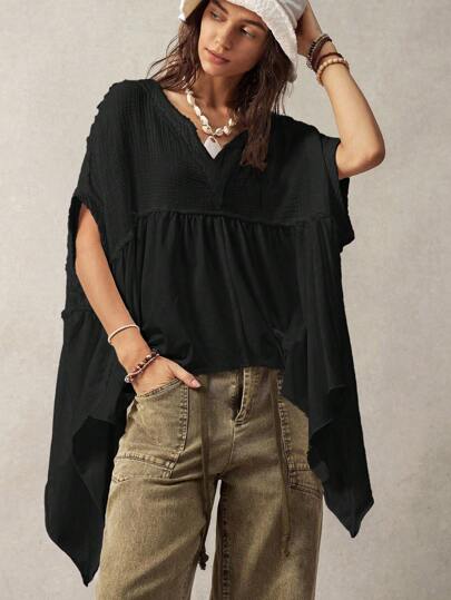 Bohemela Plus Size Women Casual Solid Color Batwing Sleeve Asymmetrical Hem Blouse,Vintage