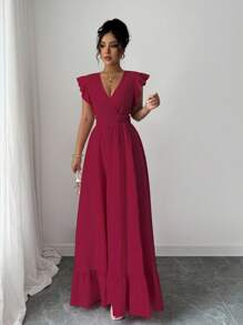 Breezaya Solid Ruffle Hem Dress Burgundy Maxi Vacation Beach Outfits Women - Burgundy - View 4