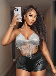 BamGleam Top de soirée sexy à encolure ras-du-cou avec strass et franges pour femmes - Argent - Voir 1