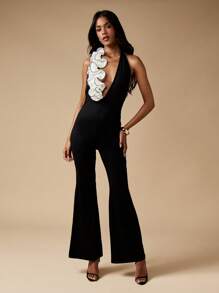 MISSGUIDED Halter Neck Full Length Jumpsuit With Dramatic White Ruffle Evening Party Wedding Guest Special Occasion Wide Leg Formal Wear - Black - View 1