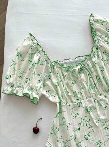 Flirla 加大码甜心领罗纹前系带短袖紧身衣，度假装 - 綠色 - 查看 3