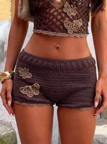 Opulessa Women 3D Floral Decor Fashion Knitted Shorts Holiday Outfits Summer Outfits Vacation In Fall/Winter