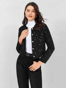 Miaspire 女士秋冬长袖亮片休闲优雅针织夹克 - 黑色 - 查看 1