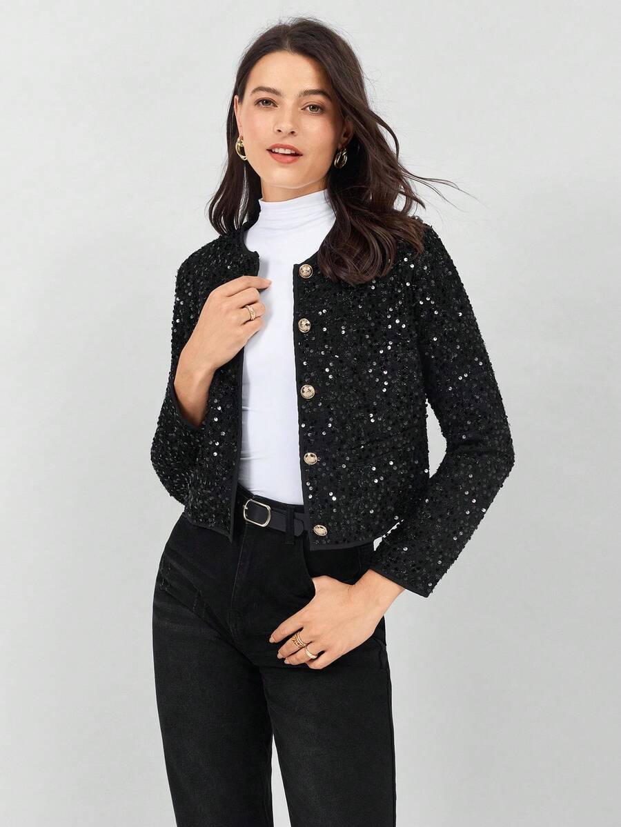 Miaspire 女士秋冬长袖亮片休闲优雅针织夹克 - 黑色 - 查看 1