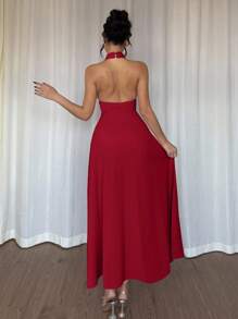 Rafferiza Đầm dài hở lưng không tay màu trơn cho nữ, gợi cảm - Đỏ - Xem 2