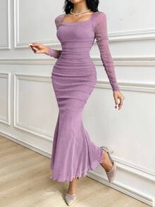 Modelyn 女士优雅美人鱼尾长袖连衣裙 - 紫色 - 查看 3