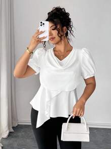 Elenzga Blusa de mujer talla grande casual, elegante, sexy y romántica de unicolor con mangas de obispo cortas y cuello drapeado - Blanco - Ver 5