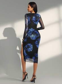 Almamuse Women's Blue Floral Print Long Sleeve Dress, Bodycon Fit Mesh Dresses For Women Fall Women Clothes - Black - View 2