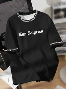 SHEIN Los Angeles Casual Minimalist Koszulka z krótkim rękawem i okrągłym dekoltem dla nastoletnich chłopców, odpowiednia na lato
