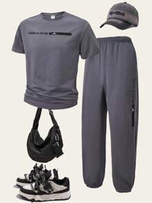 2 buc/set casual stil stradă adolescenți băieți tricou și pantaloni scurți cu mânecă scurtă, croială lejeră, imprimeu grafic, guler rotund