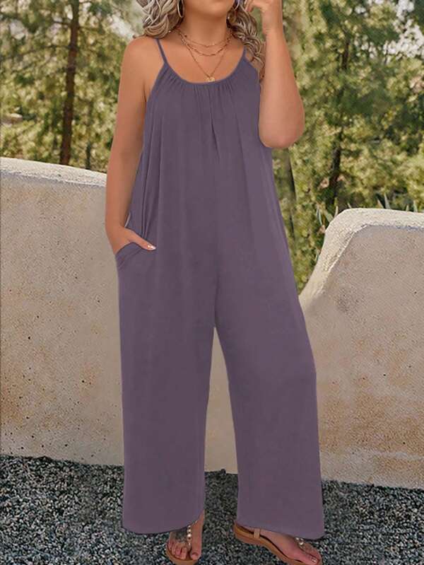 EMERY ROSE Plus Size Women's Casual Sleeveless Adjustable Spaghetti Strap Bohemian Wide Leg Jumpsuit, Summer