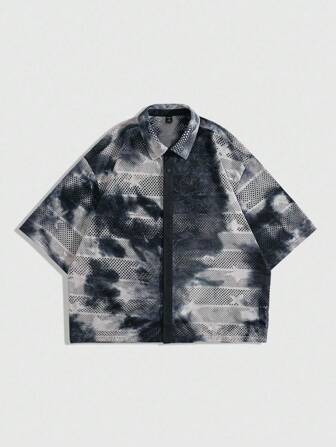 Grunge Punk Camicia oversize da uomo a maniche corte in tessuto a rete, stile corto