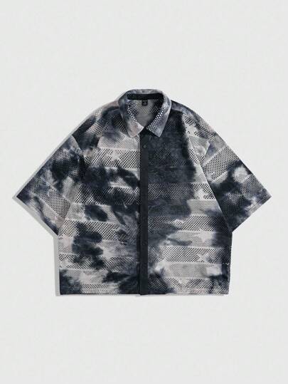 Grunge Punk Men's Loose Fit Short Sleeve Mesh Fabric Shirt, Short Style