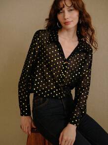 MOTF PREMIUM POLKA DOT BUTTON UP SEMI-SHEER SHIRT - Black - View 1
