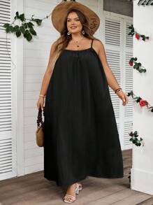 SHEIN CURVE+ Curve Plus Size/Autumn Clothes /Fall Women Clothes/Winter Clothes For Women/Winter ClothesPlus Size Solid Pleated Detail Casual Cami Dress,Suitable For Birthday Party, Graduation Ceremony, Student Wear, Casual Daily, Vacation Curve Maxi Dress Curve Summer Dress Plus Size Maxi Dress Plus Size Sundress Curvy Maxi Sundress,Holiday Outfits For Women