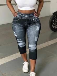 INAWLY Plus Size Women Denim Effect Print High Waist Capri Leggings