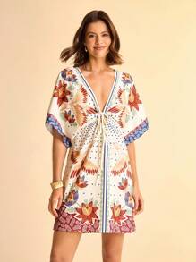 CAJUNI Đầm ngắn đi nghỉ Boho họa tiết hoa nhiệt đới, cây cối và chim cổ chữ V có thể điều chỉnh eo thắt chặt dành cho nữ - Nhiều màu - Xem 3