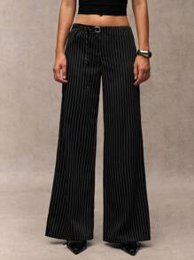 SHEIN BAE 女士黑色条纹低腰镂空装饰带休闲简约阔腿裤/通勤休闲/百搭外出/办公室穿着/复古富家女装/商务休闲女装/教师装时尚女裤 - 黑色 - 查看 6