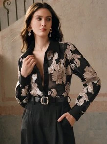 Anewsta 浪漫优雅花卉刺绣半透明休闲衬衫 - 黑色 - 查看 6