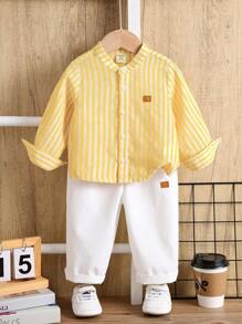 SHEIN 2pcs Baby Boy Cute City Gentleman Outfit, Yellow Striped Collar Shirt + White Casual Pants Set, Suitable For Birthday Party, Evening Party, Performance, Wedding, Baby Shower, 1st Birthday Celebration
