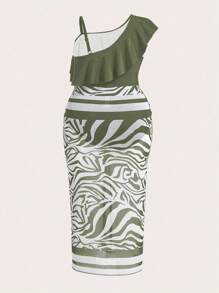 Swim Oasis 2pcs Plus Size Women Ruffled Collar Random Print One-Piece Swimsuit With Matching Skirt Coverup - Olive Green - View 5