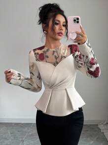 Elenzga Áo cánh tay dài cổ tròn thêu lưới xếp ly phong cách Pháp lãng mạn Sicily thanh lịch giản dị đi làm kỳ nghỉ tiệc trà chiều cho nữ, mùa xuân/hè - Màu be - Xem 7