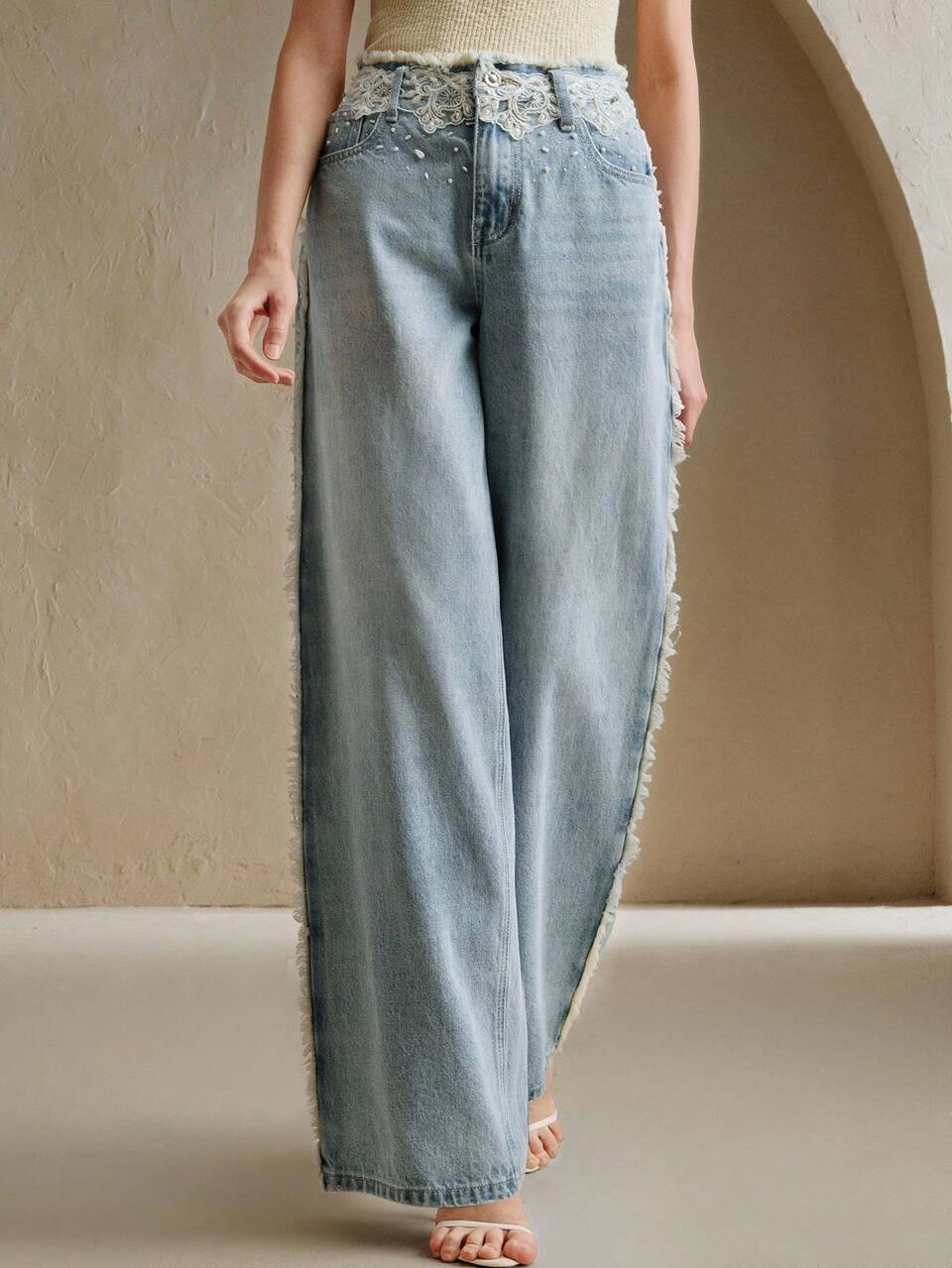 Women's Casual Lace Waist Rhinestone Straight-Leg Jeans