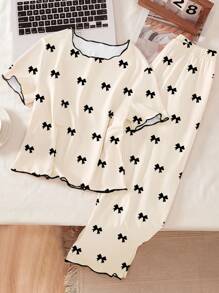 SHEIN Bộ đồ ngủ 2 món cho nữ, màu mơ in họa tiết nơ đen toàn bộ, thiết kế viền tương phản, áo tay ngắn và quần dài, bộ đồ ngủ thanh lịch, thời trang trở lại trường - Màu be - Xem 7