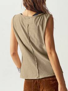 Bohemela Plus Size Women's Summertime Letter & Star Print Button Front Casual Tank Top - Khaki - View 7
