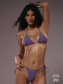 Musera Resort 绑带铆钉比基尼上衣和下装套装，夏季伊比沙岛度假性感海滩浪漫优雅波西米亚风泳装紫水晶度假村春季 - 紫色 - 查看 1