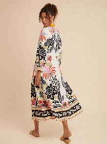 Travachic Đầm midi in họa tiết cây cọ tay dài cài nút thường ngày cho nữ - Màu Khaki - Xem 2