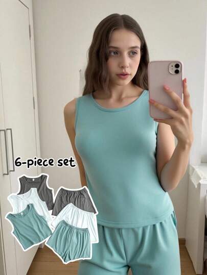 Back To School Fashion 6pcs/Set Teens/Young Women Casual Simple Solid Color Grey, Green, Blue Sleeveless Top And Shorts Pajamas Home Wear Set