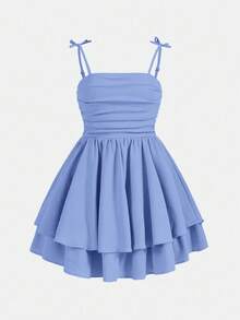 SHEIN Girlism Teen Girl Solid Color Ruched Double-Layer Casual Camisole Dress Blue Bodice Mermaid Knitted Spaghetti Straps Mini - Blue - View 6