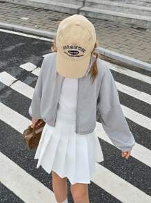 Tween Girl Solid Color Drop Shoulder Long Sleeve Zip Placket Casual Sweatshirt Fall Winter - Grey - View 4