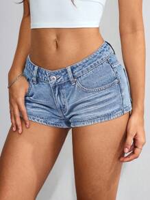 SHEIN ICON Women's Summer Casual Street Style Low Waist Super Short Sexy Denim Hot Pants - Light Wash - View 1