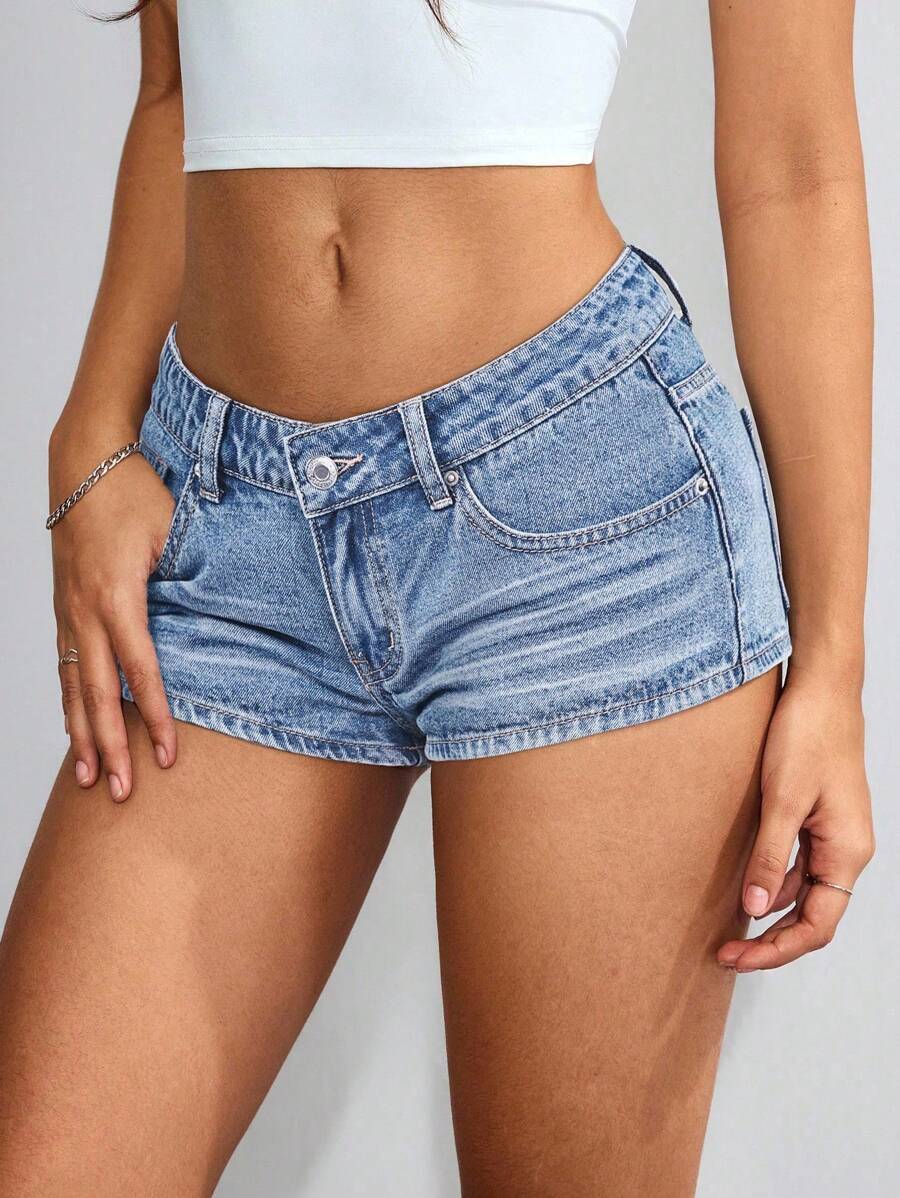 SHEIN ICON Women's Summer Casual Street Style Low Waist Super Short Sexy Denim Hot Pants - Light Wash - View 1