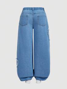 SHEIN MOD 大码休闲棉质直筒牛仔裤，甜心印花，粉色 - 中等水洗藍 - 查看 2