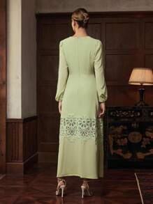 ZEYLAH Đầm ren tương phản cổ tròn tay dài thanh lịch cho nữ - màu xanh lá - Xem 3