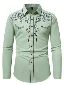 Manfinity Homme Men's Casual Retro Print Long Sleeve Shirt, Fall - Green - View 3